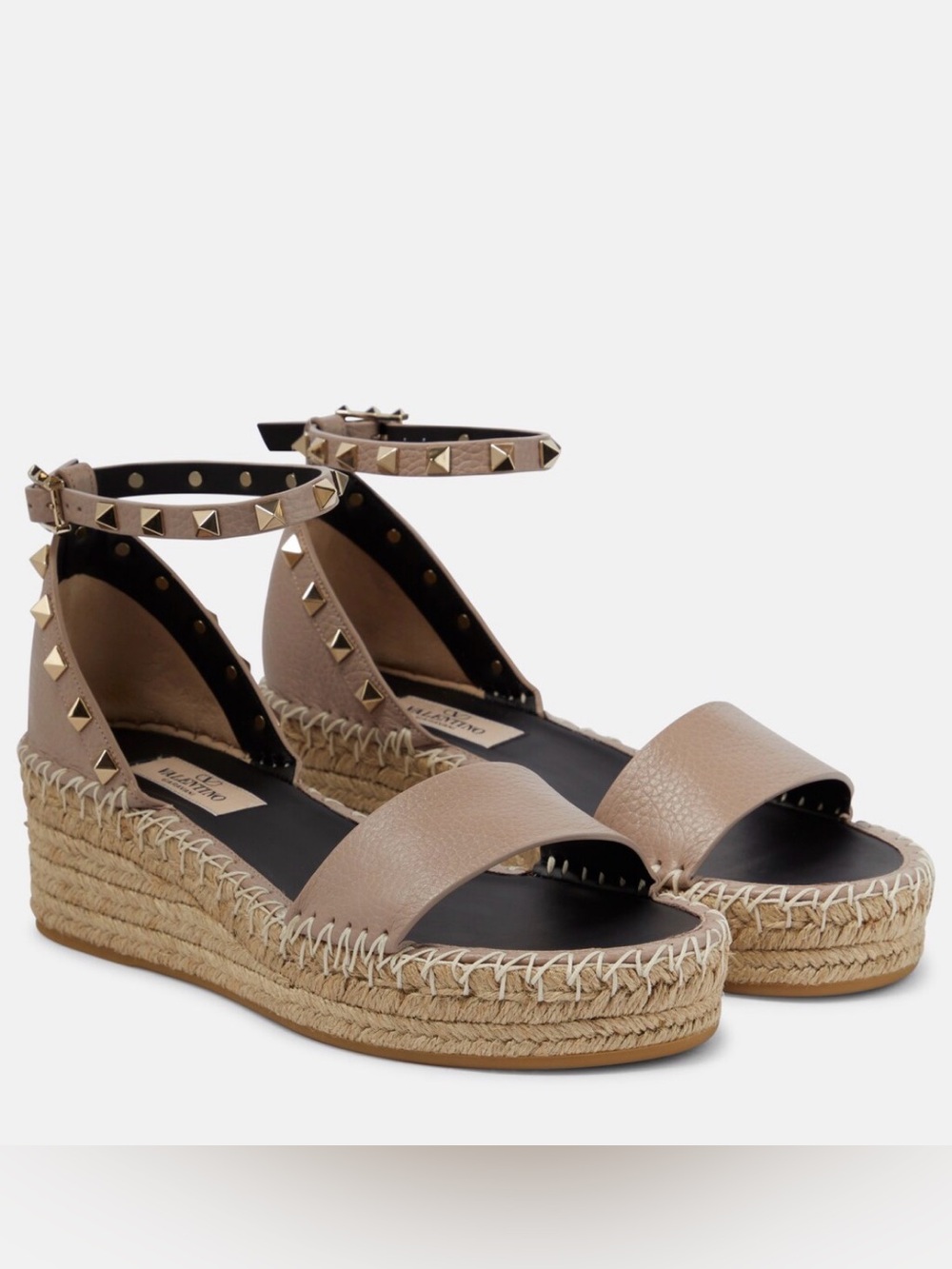 Valentino Garavani Taupe Leather Rockstud Espadrille Wedge